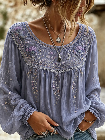 Women's Vintage Floral Art Print Casual Cotton-Linen Top