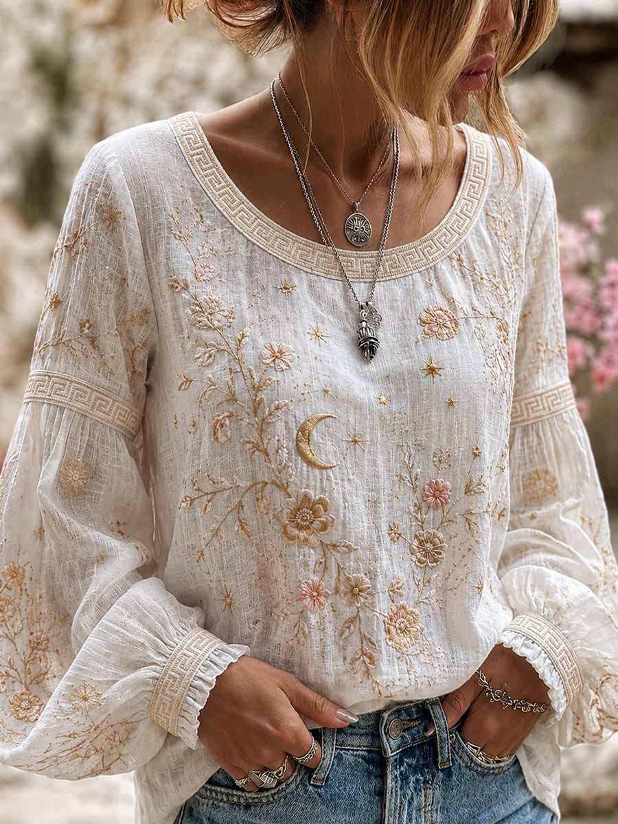 Women's Vintage Floral Art Print Casual Cotton-Linen Top