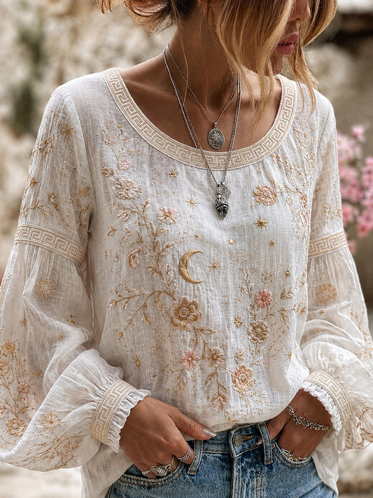Women's Vintage Floral Art Print Casual Cotton-Linen Top