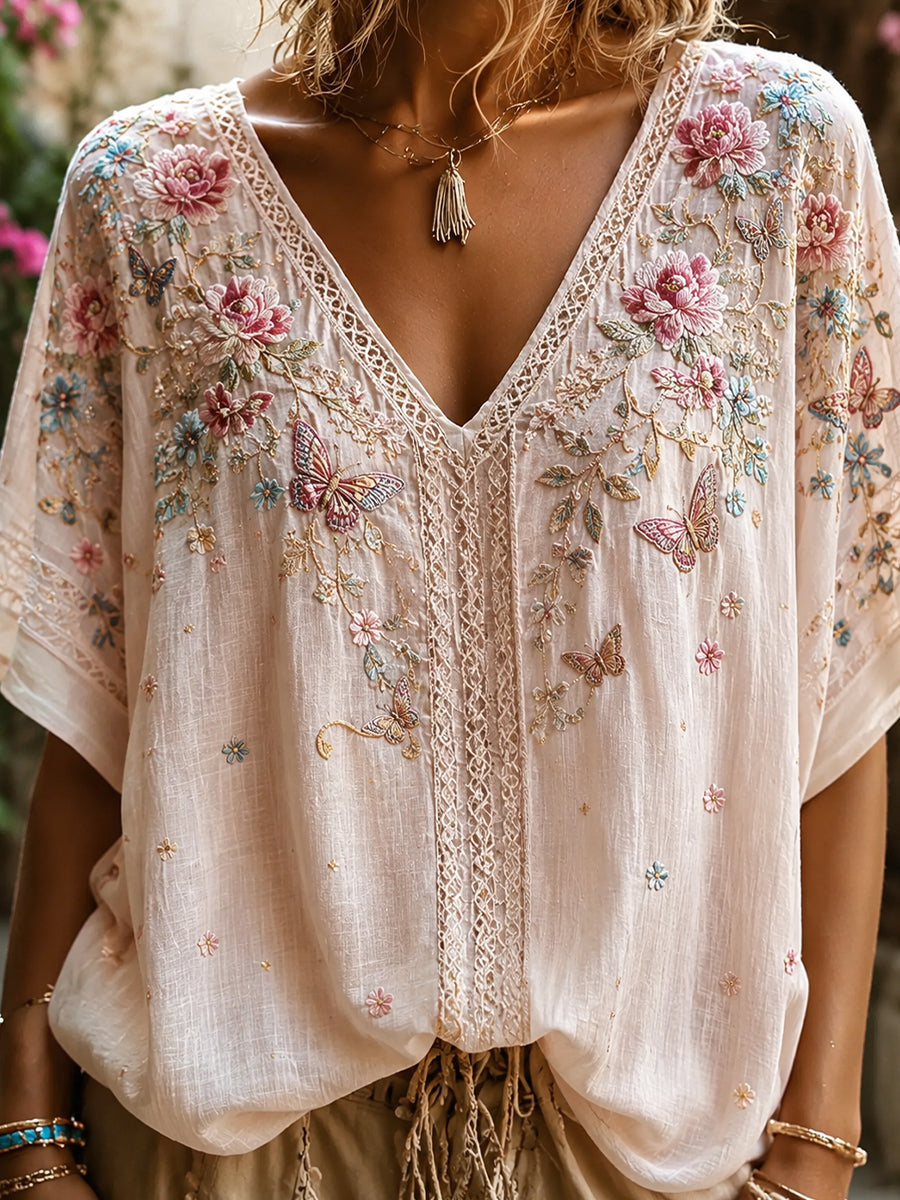 Women's Vintage Floral Art Print Casual Cotton-Linen Top