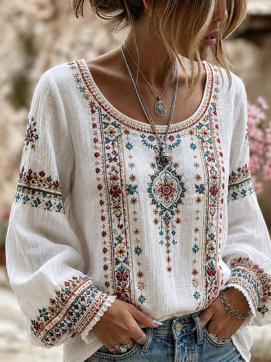 Women's Vintage Floral Art Print Casual Cotton-Linen Top