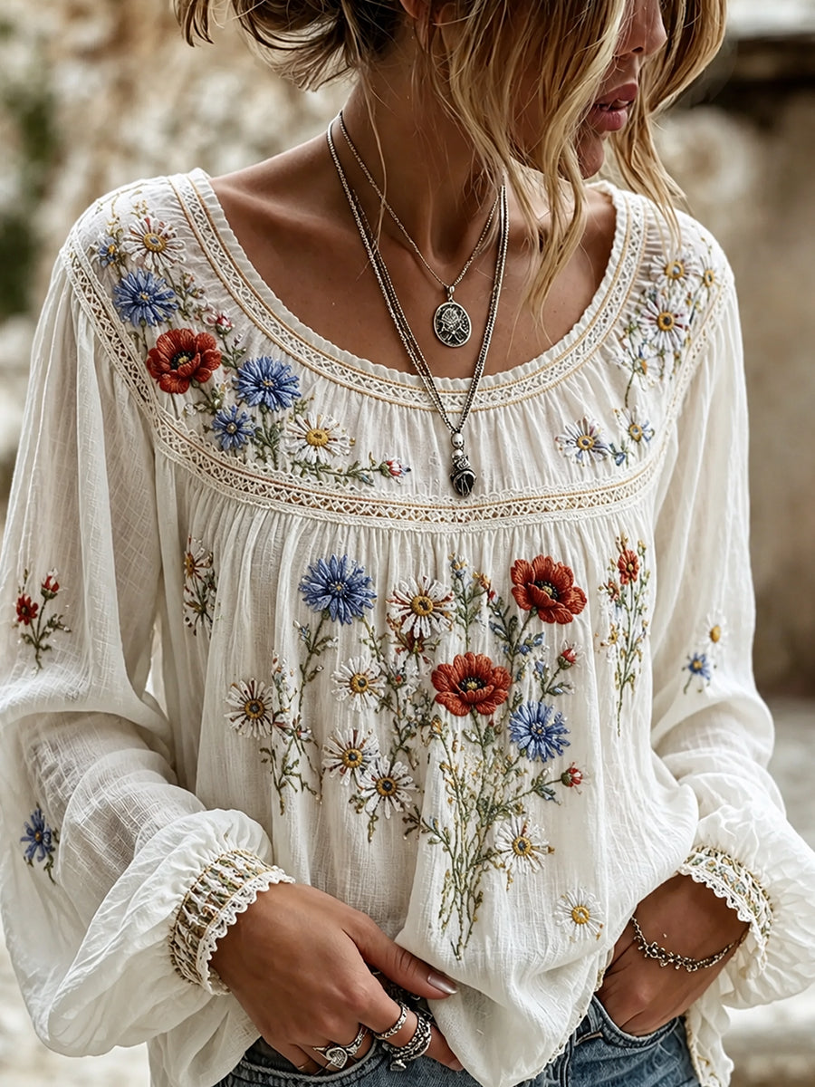Women's Vintage Floral Art Print Casual Cotton-Linen Top