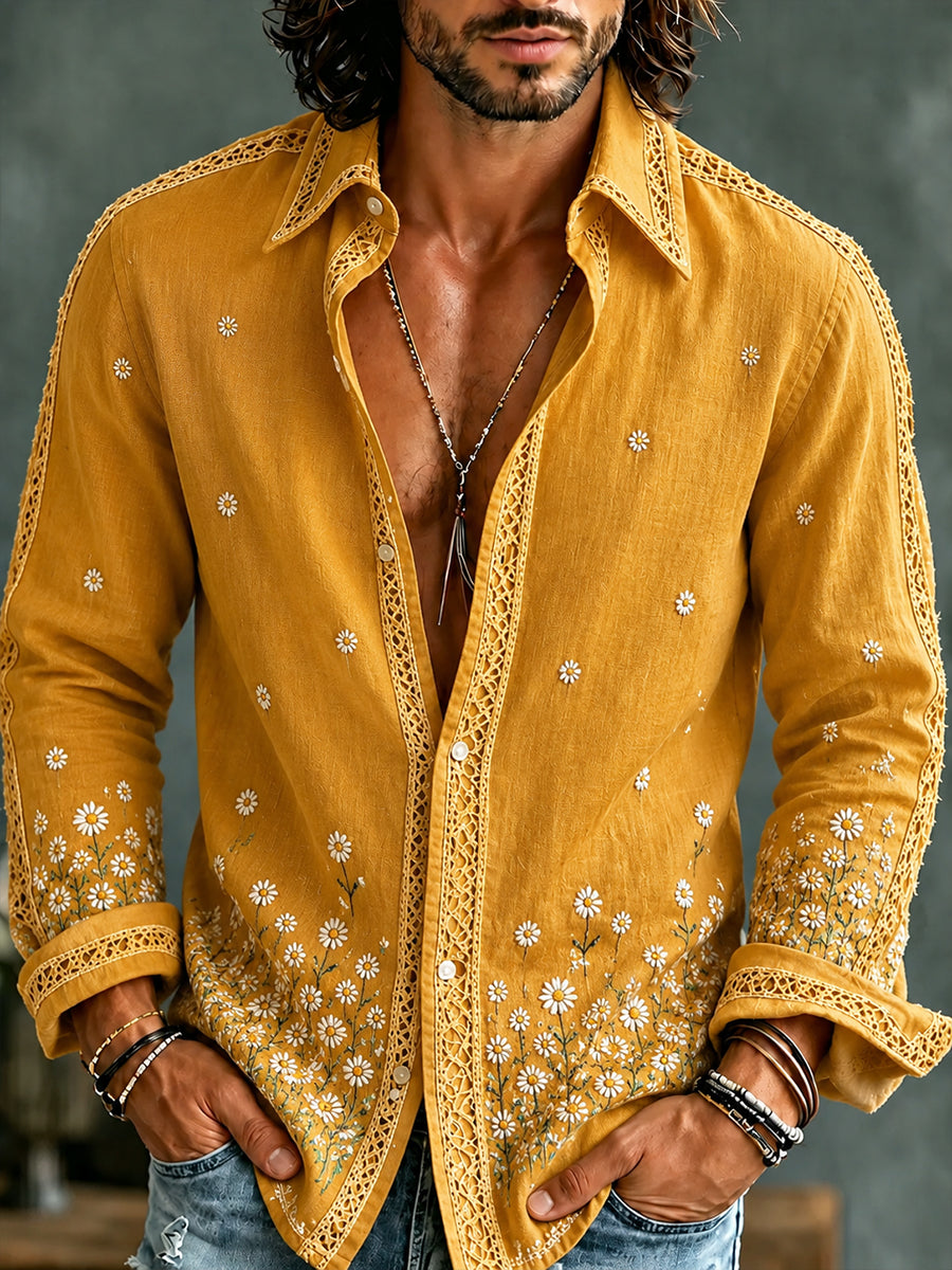 Men's Retro Abstract Art Print Casual Cotton-Linen Shirt