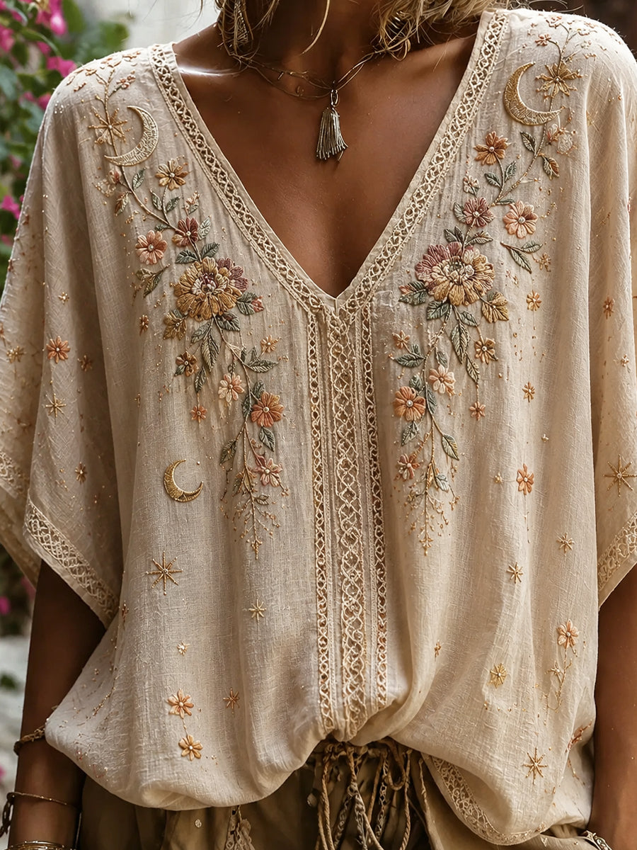 Women's Vintage Floral Art Print Casual Cotton-Linen Top