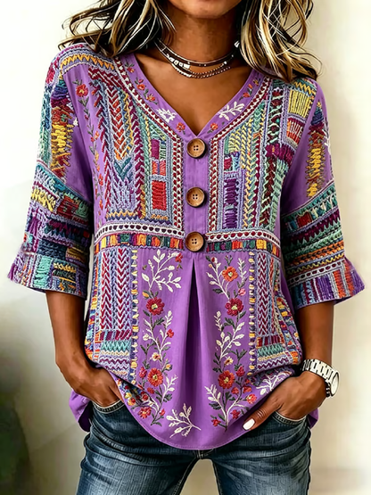 Women's Casual Alzheimer's Floral Print Cotton-Linen Shirt