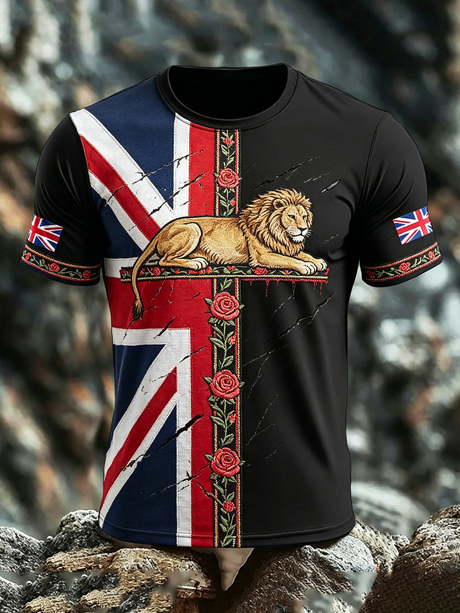 Men's Union Jack Uk Flag Lion Face Short Sleeves T-Shirt