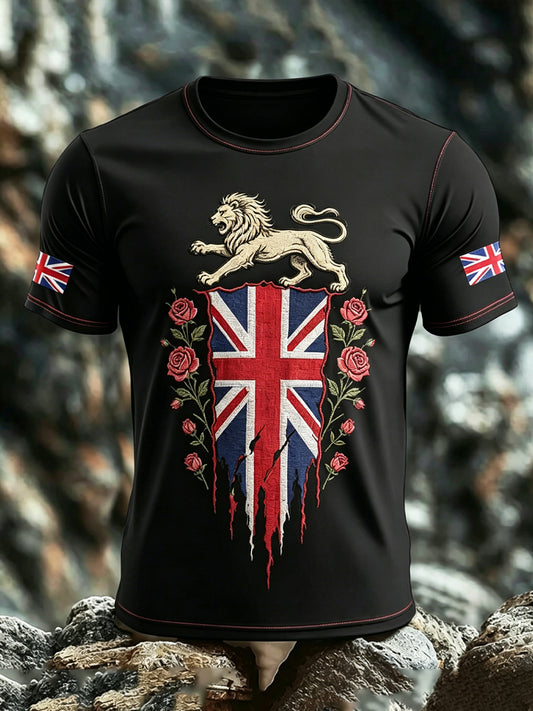 Men's Union Jack Uk Flag Lion Face Short Sleeves T-Shirt