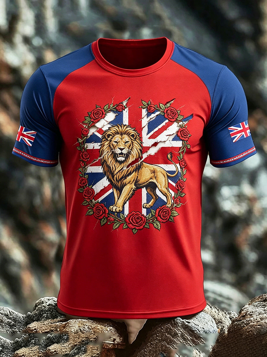 Men's Union Jack Uk Flag Lion Face Short Sleeve T-Shirt