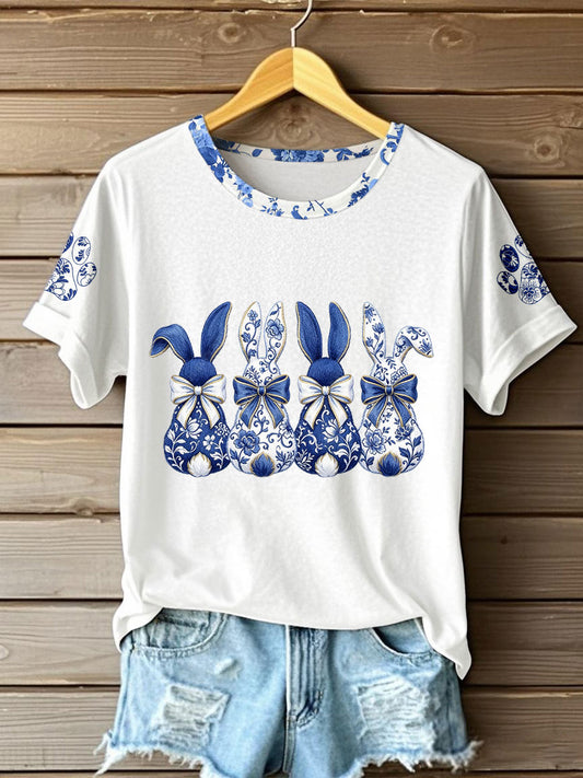 Women's Chinese Style Animal Blue and White Porcelain Print T-shirt