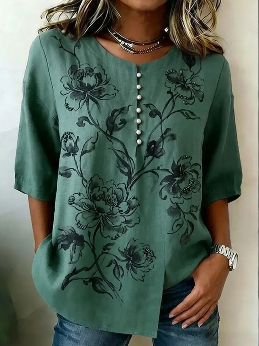 Women's Retro Floral Art Printed Linen Tops