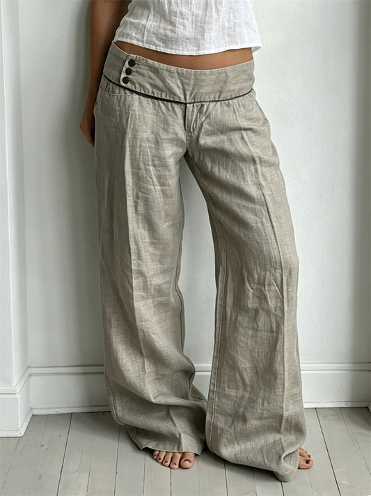 Women's Side Buttons Classy Low Rise Wide Leg Linen Pants