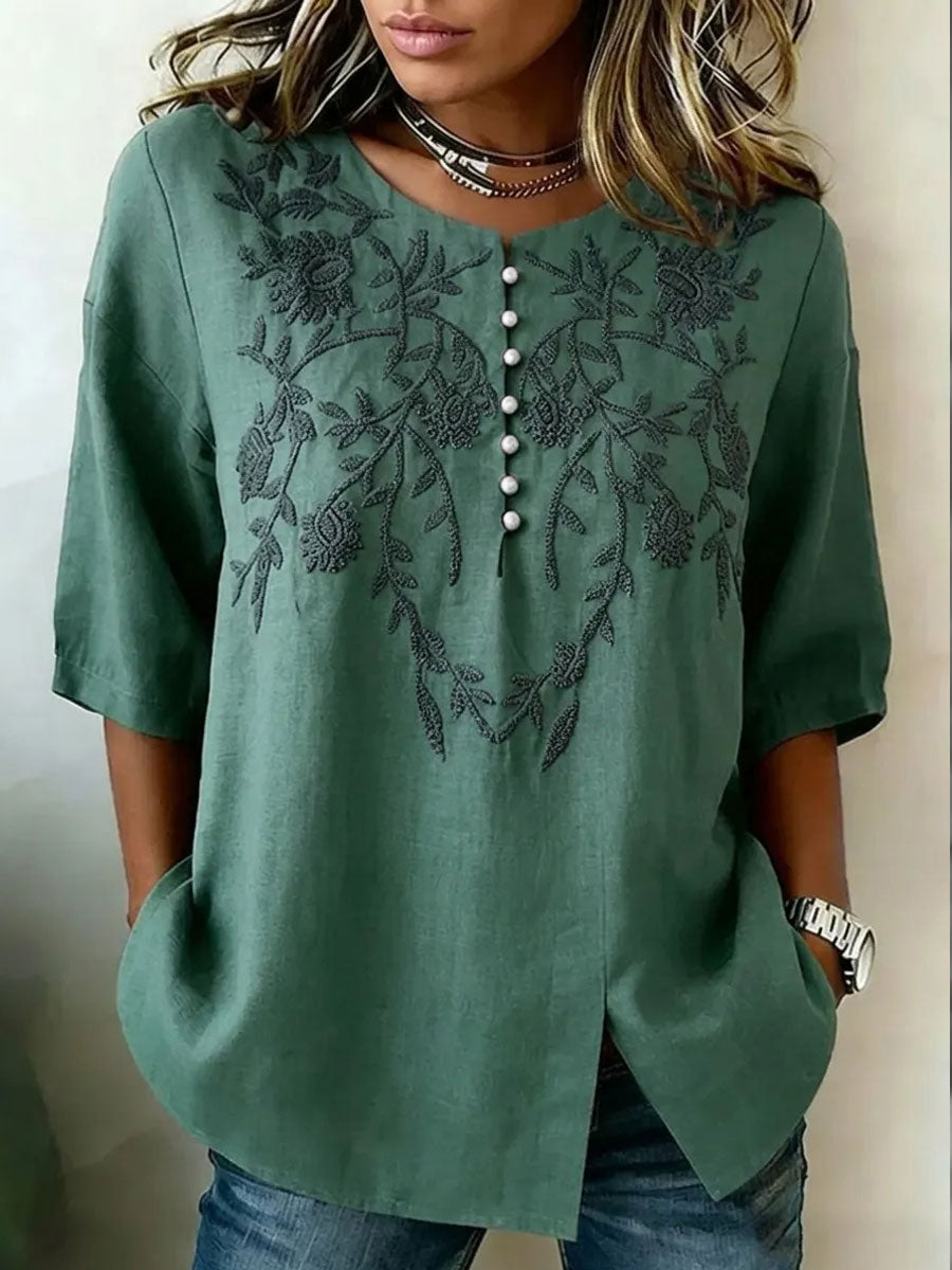 Women's Retro Floral Art Printed Linen Tops