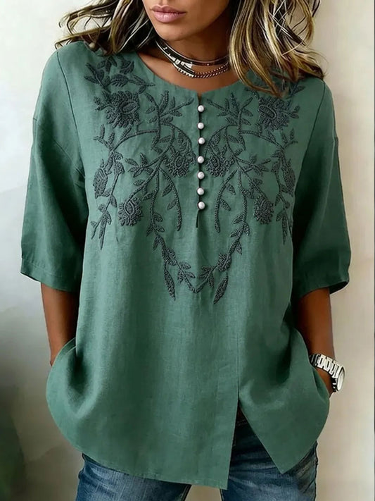 Women's Retro Floral Art Printed Linen Tops