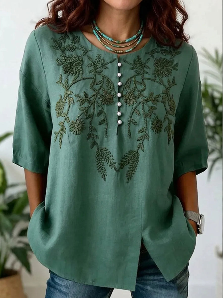 Women's Retro Floral Art Printed Linen Tops