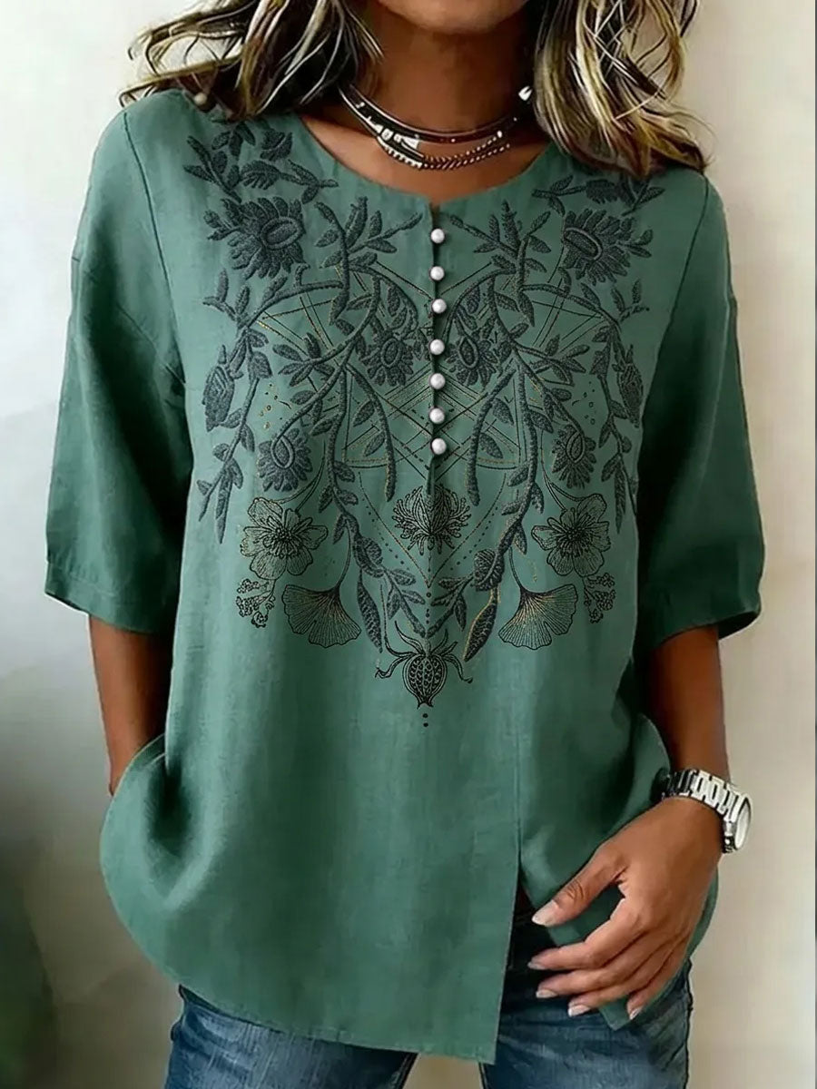 Women's Retro Floral Art Printed Linen Tops