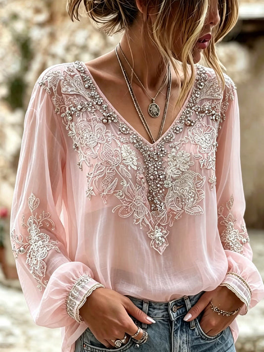 Women's Vintage Floral Art Print Casual Cotton-Linen Top