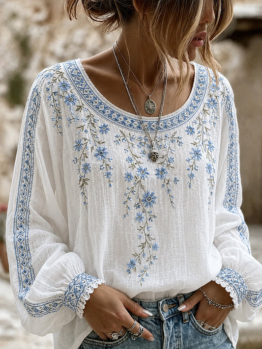 Women's Vintage Floral Art Print Casual Cotton-Linen Top