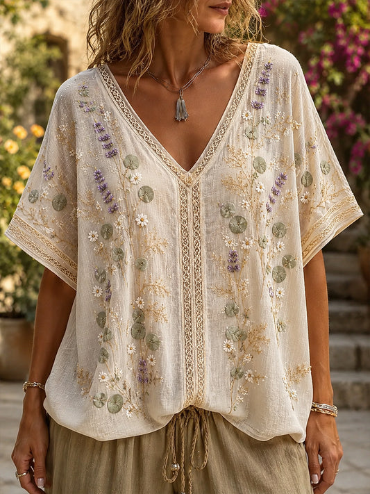 Women's Vintage Floral Art Print Casual Cotton-Linen Top