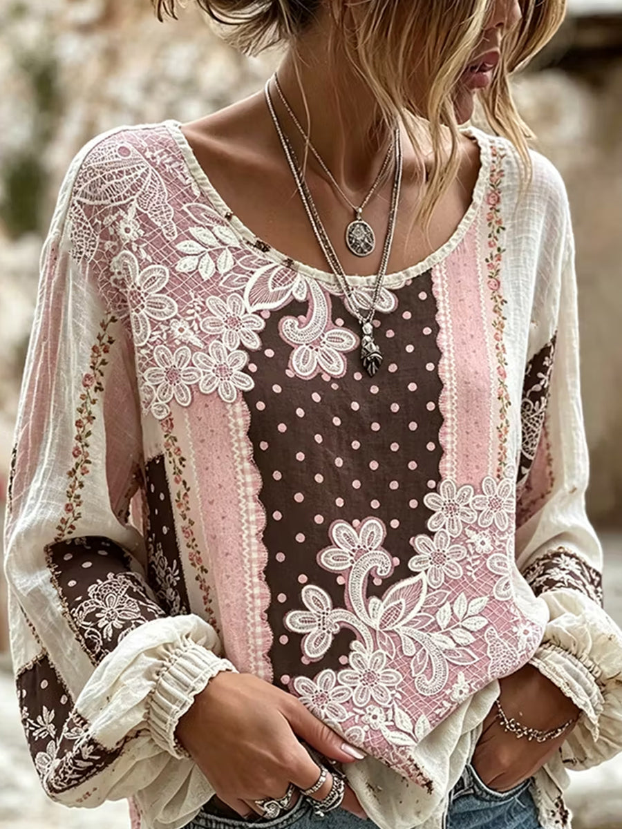Women's Vintage Floral Art Print Casual Cotton-Linen Top