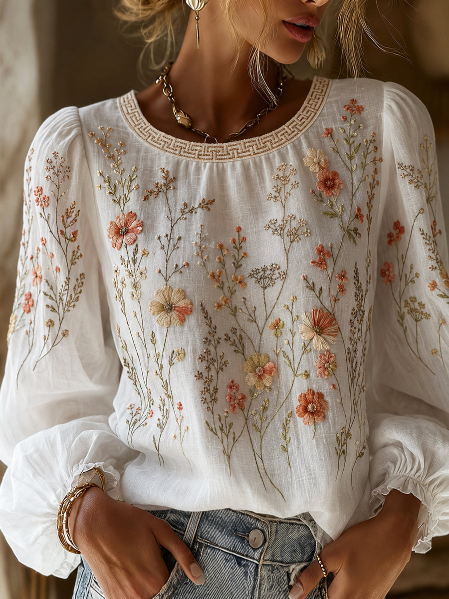 Women's Vintage Floral Art Print Casual Cotton-Linen Top