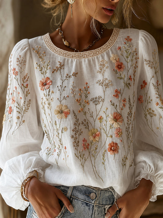 Women's Vintage Floral Art Print Casual Cotton-Linen Top