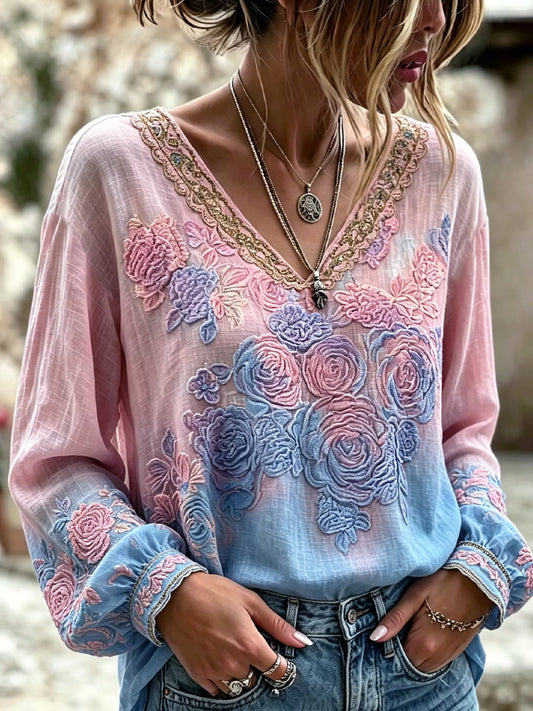 Women's Vintage Floral Art Print Casual Cotton-Linen Top