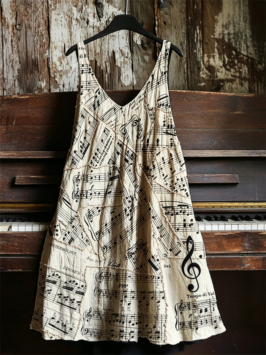 Women's Vintage Faded Sheet Music Patchwork Print V-neck dress