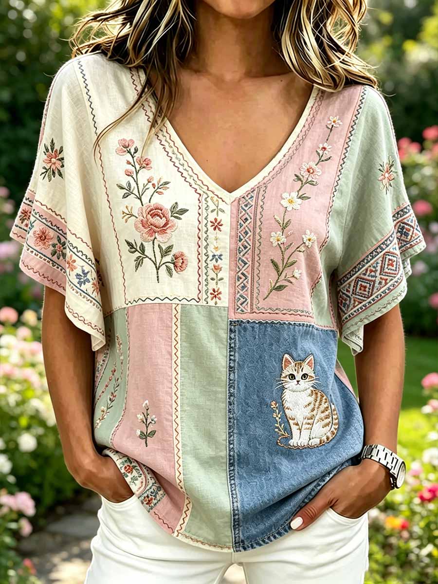 Women's Fashion Cat Pattern Printed Casual T-Shirt