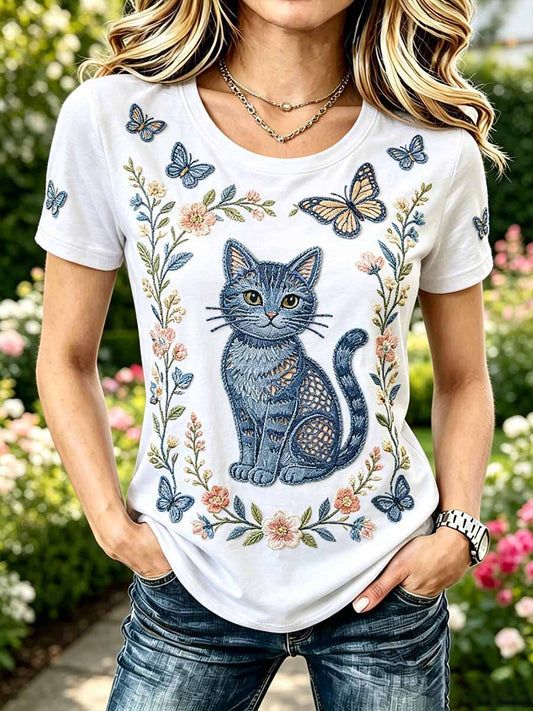 Women's Fashion Cat Pattern Printed Casual T-Shirt