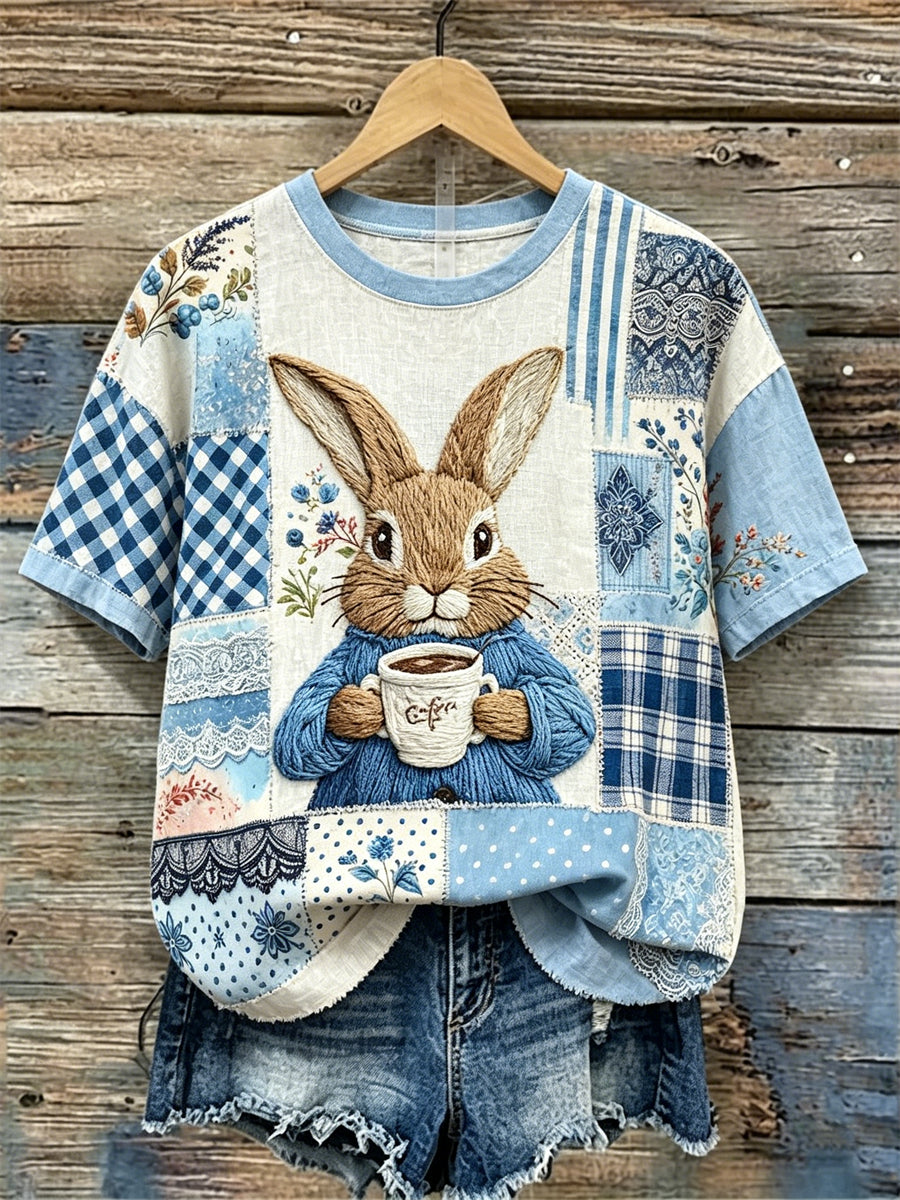 Women's Bunny with Coffee Floral Cottage Collage Print linen short-sleeved T-shirt