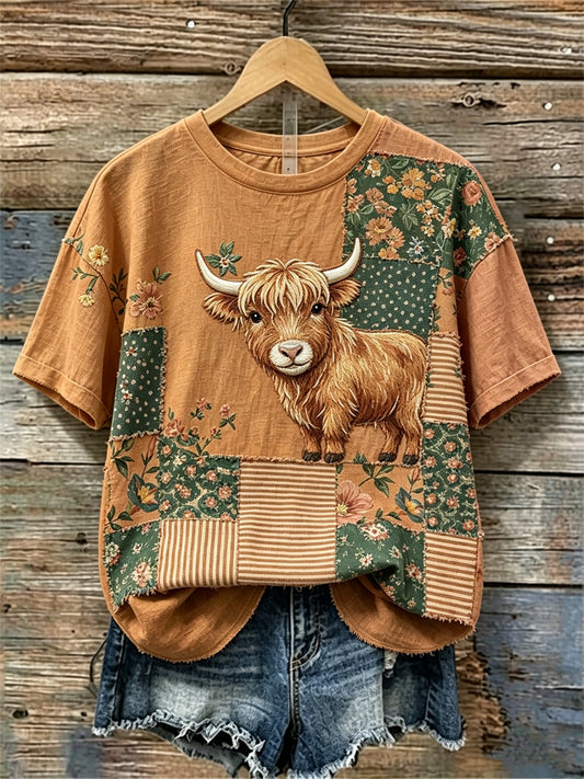 Women's Highland Cow Cottage Floral Patchwork Print linen short-sleeved T-shirt