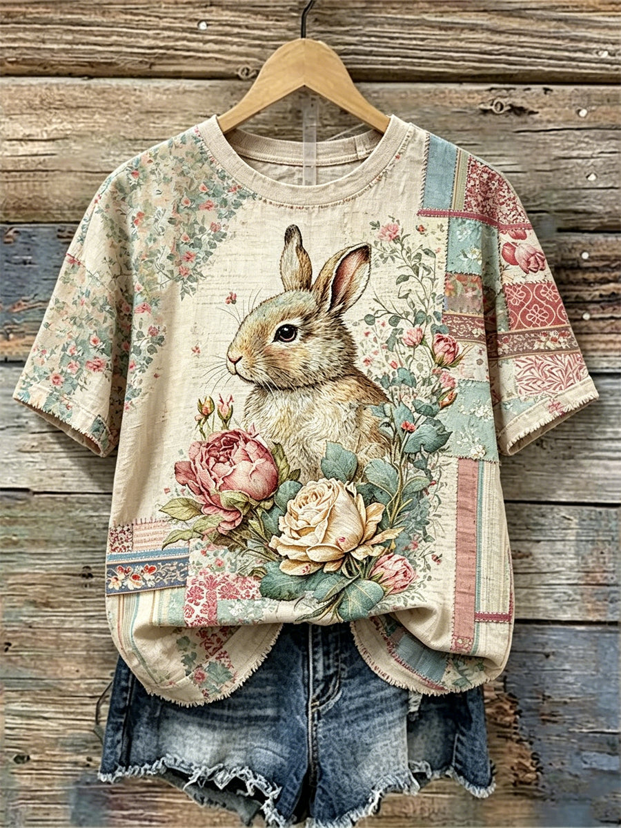 Women's Vinatge Bunny Roses Floral Patchwork Print linen short-sleeved T-shirt