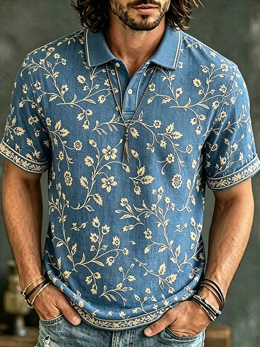 Retro Abstract Floral Embroidery Art Print Casual Polo Shirt