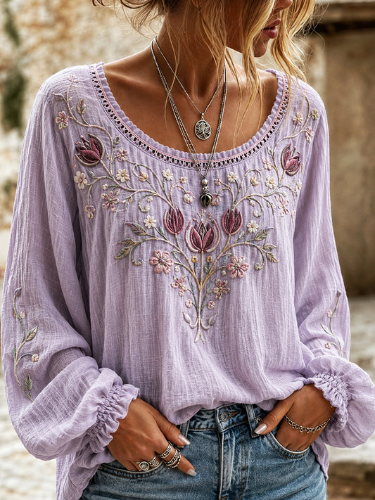 Women's Vintage Floral Art Print Casual Cotton-Linen Top