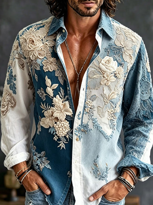 Men's Retro Abstract Art Print Casual Cotton-Linen Shirt