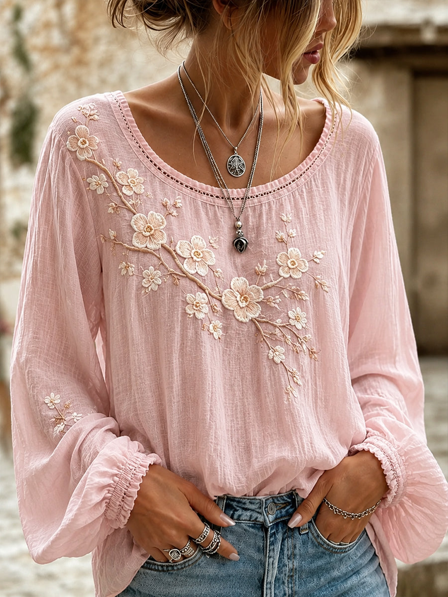 Women's Vintage Floral Art Print Casual Cotton-Linen Top