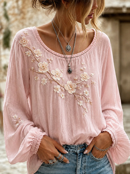 Women's Vintage Floral Art Print Casual Cotton-Linen Top