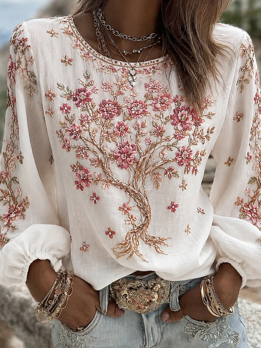 Women's Vintage Floral Art Print Casual Cotton-Linen Top