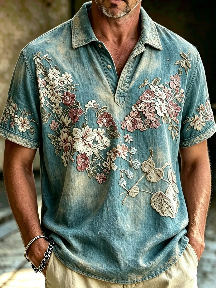 Retro Abstract Floral Embroidery Art Print Casual Polo Shirt