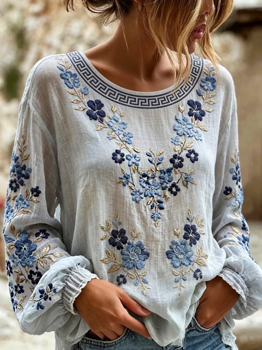 Women's Vintage Floral Art Print Casual Cotton-Linen Top