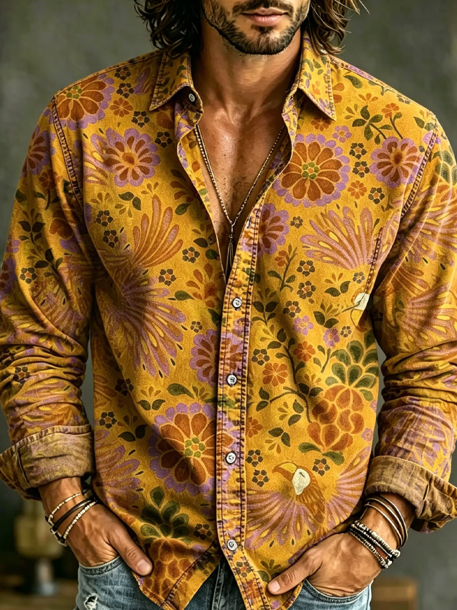 Men's Retro Abstract Art Print Casual Cotton-Linen Shirt
