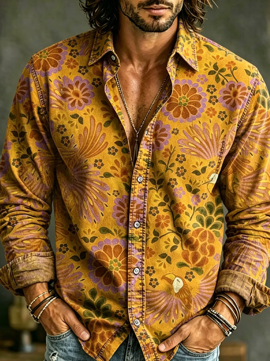 Men's Retro Abstract Art Print Casual Cotton-Linen Shirt