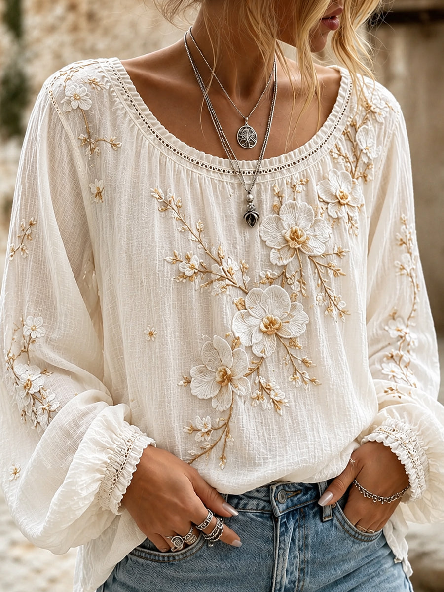Women's Vintage Floral Art Print Casual Cotton-Linen Top