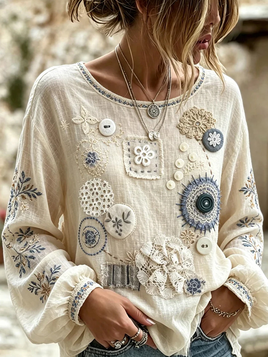 Women's Vintage Floral Art Print Casual Cotton-Linen Top