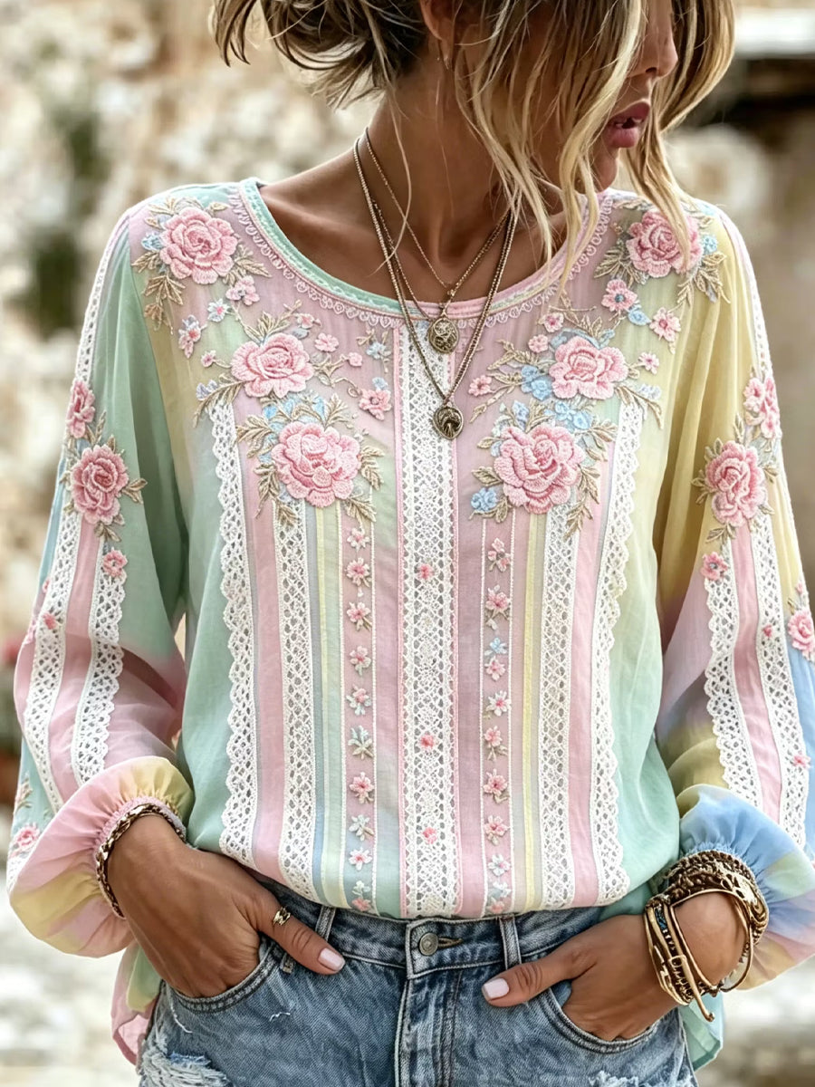 Women's Vintage Floral Art Print Casual Cotton-Linen Top