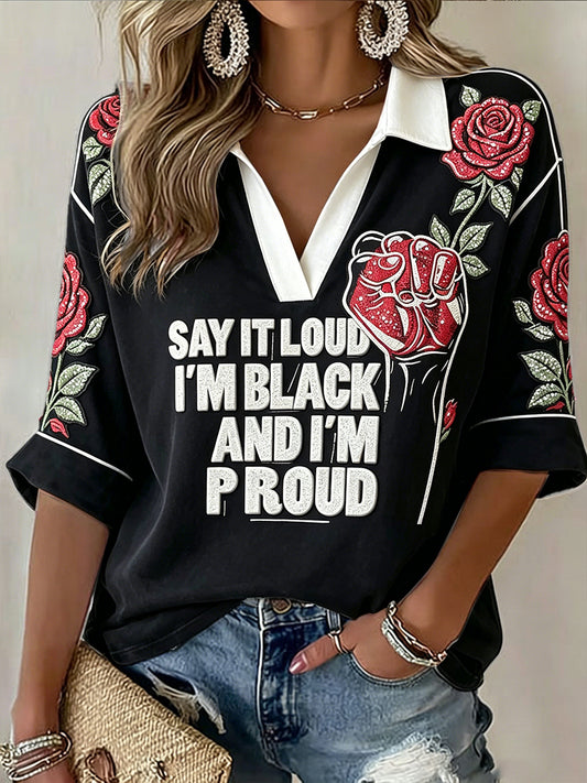 Women's Black Anti-Racism Rose Print Casual V-neck T-shirt
