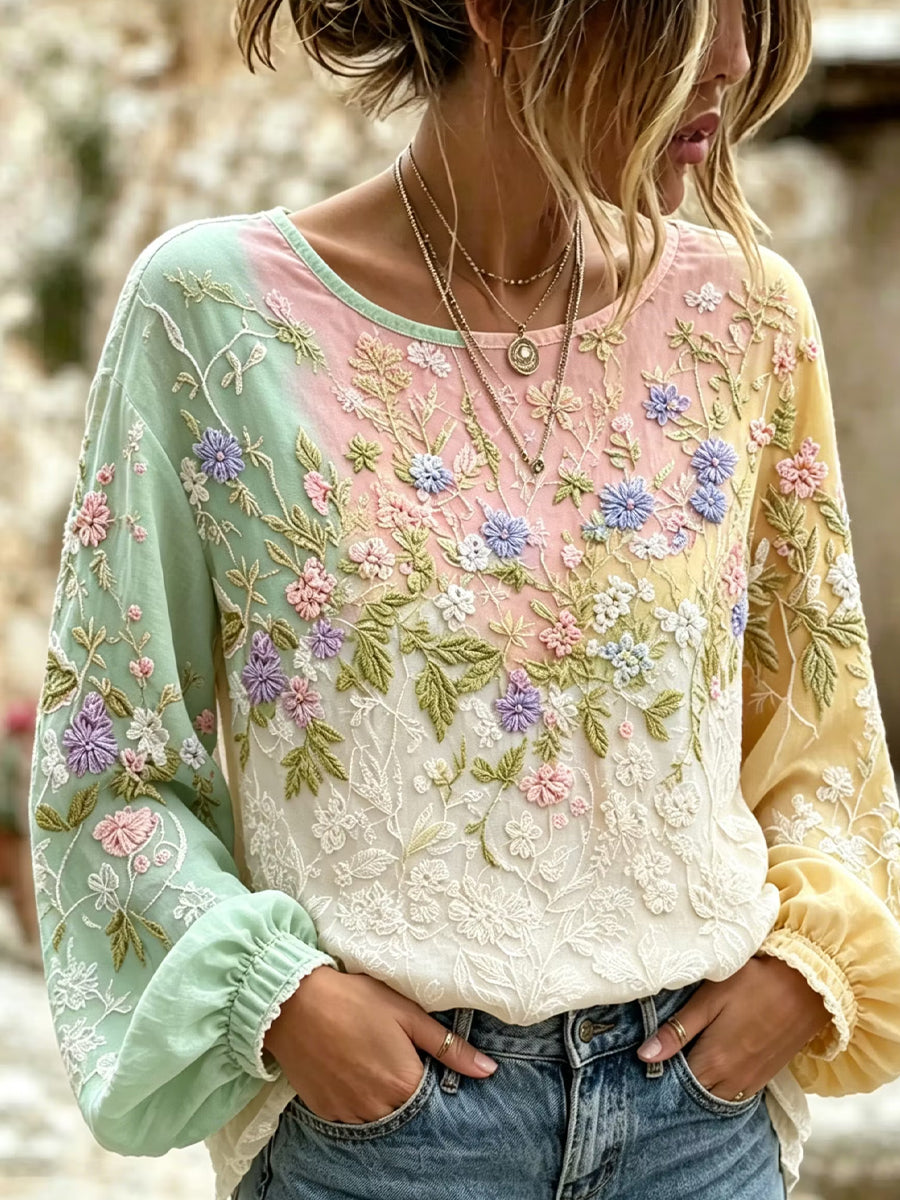 Women's Vintage Floral Art Print Casual Cotton-Linen Top