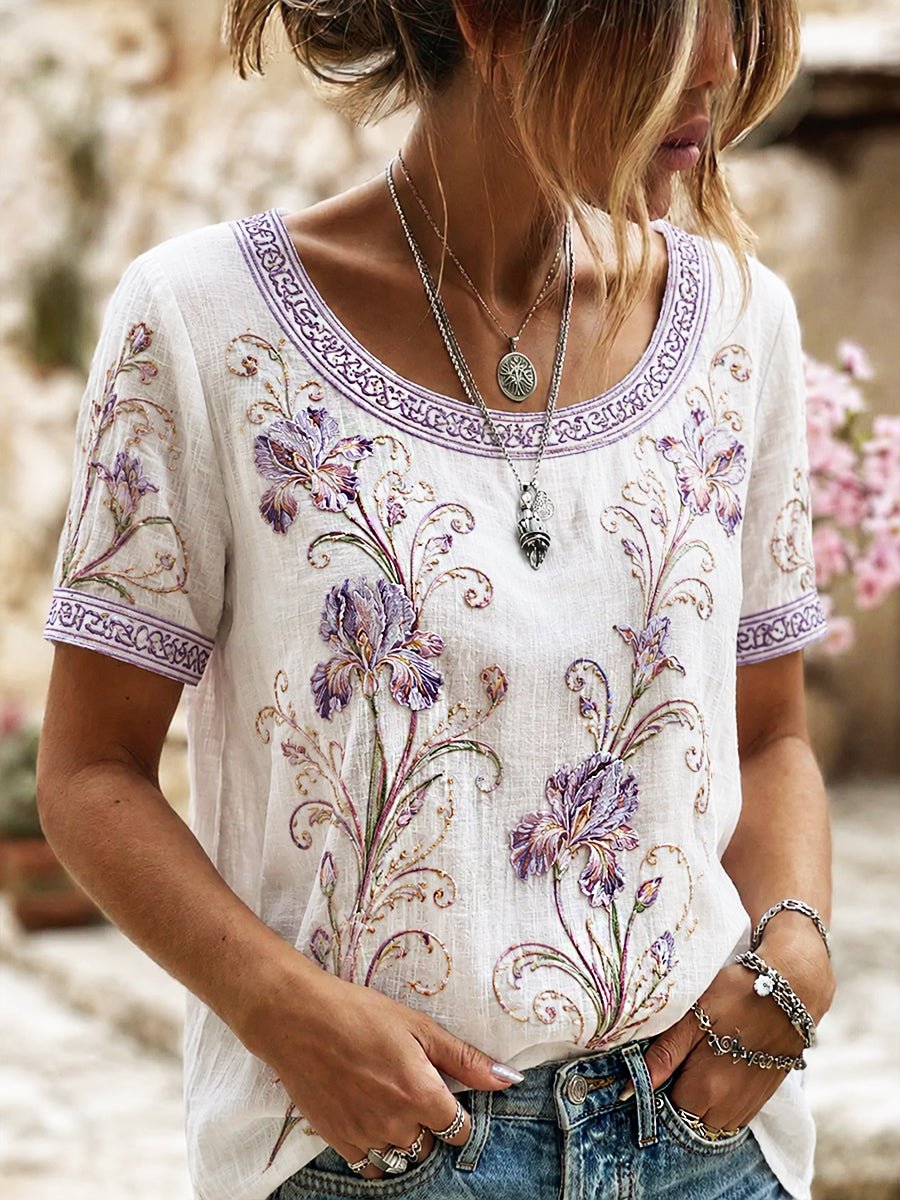 Women's Vintage Floral Art Print Casual Cotton-Linen Top