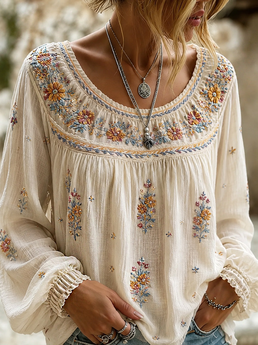 Women's Vintage Floral Art Print Casual Cotton-Linen Top