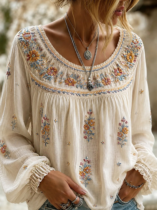 Women's Vintage Floral Art Print Casual Cotton-Linen Top